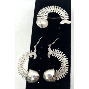 Handmade Taxco Mexico 925 Fish Bone Dangle Earrings & Brooch Pin Set